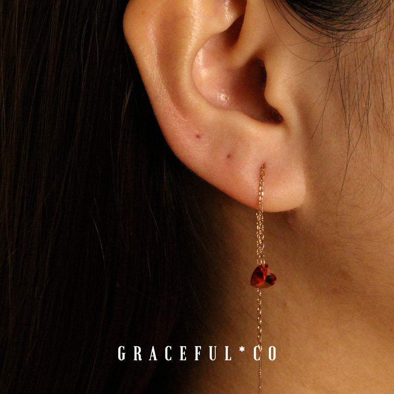 Scarlet Red Heart Threader Earrings