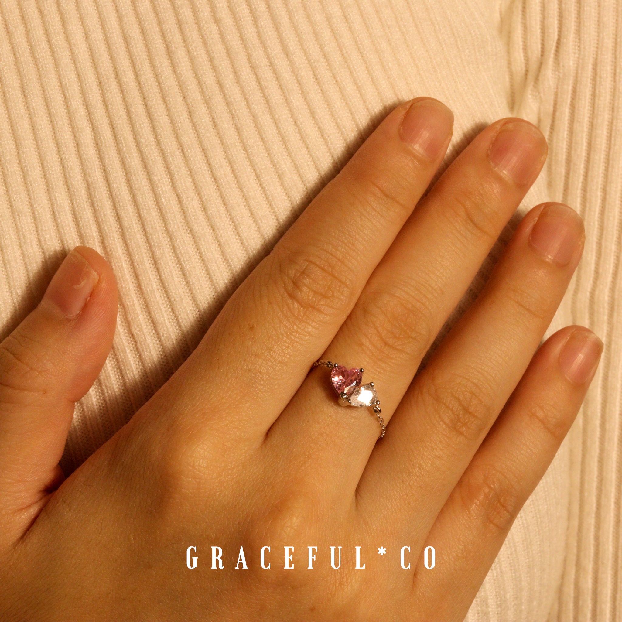 Pink Heart Duo Diamond Chain Ring